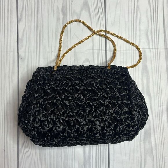 60s Vintage Bloomingdales black raffia purse evening handbag with gold straps - Picture 4 of 9